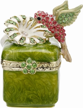 Hand Painted Enamel Hummingbird Trinket Box for Home Decor, Hinged Jewelry Organizer for Ring Earrings, Unique Figurine Keepsake Collectible Personalized Handmade Ornament Gifts (Green Hummingbird-3)