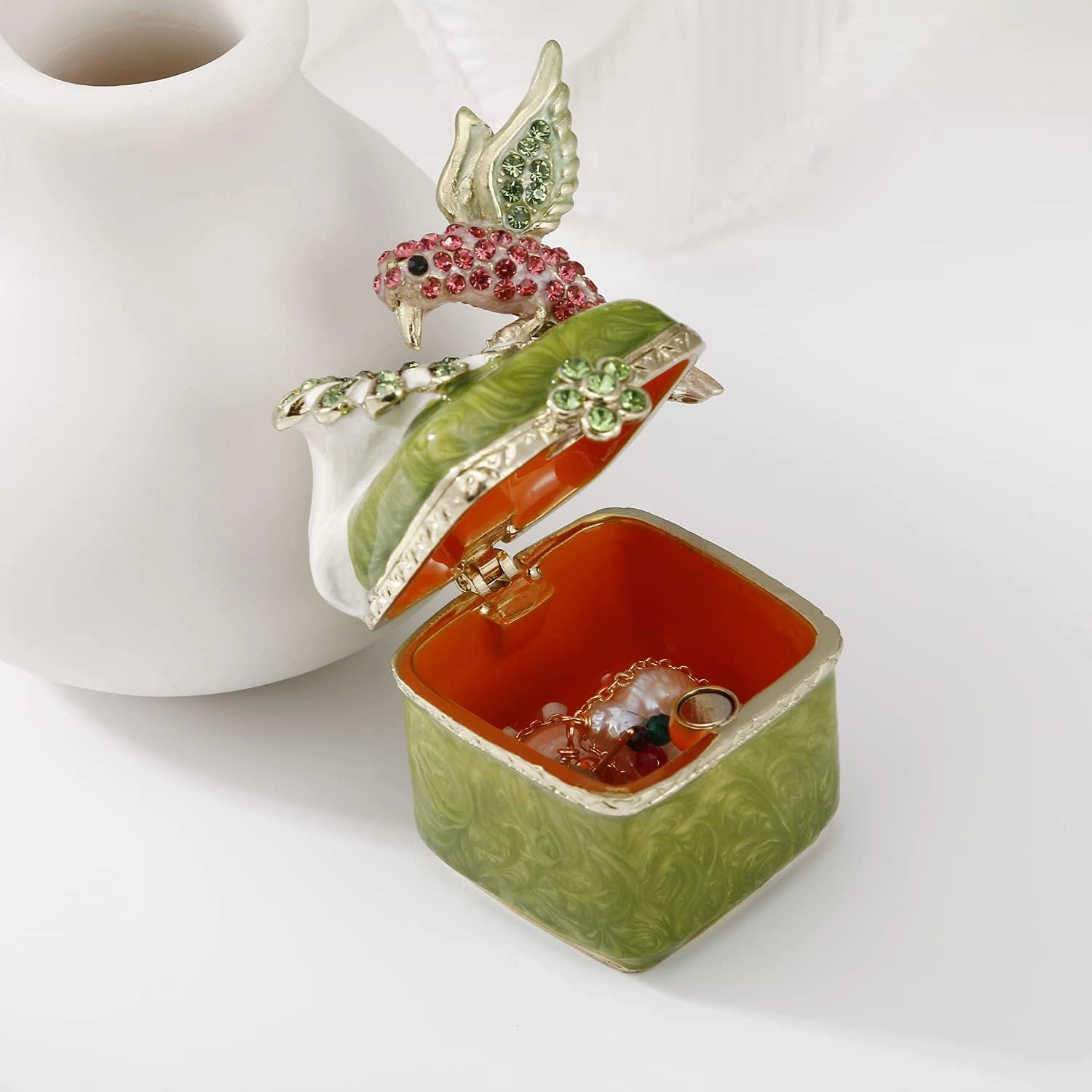 Hand Painted Enamel Hummingbird Trinket Box for Home Decor, Hinged Jewelry Organizer for Ring Earrings, Unique Figurine Keepsake Collectible Personalized Handmade Ornament Gifts (Green Hummingbird-3)
