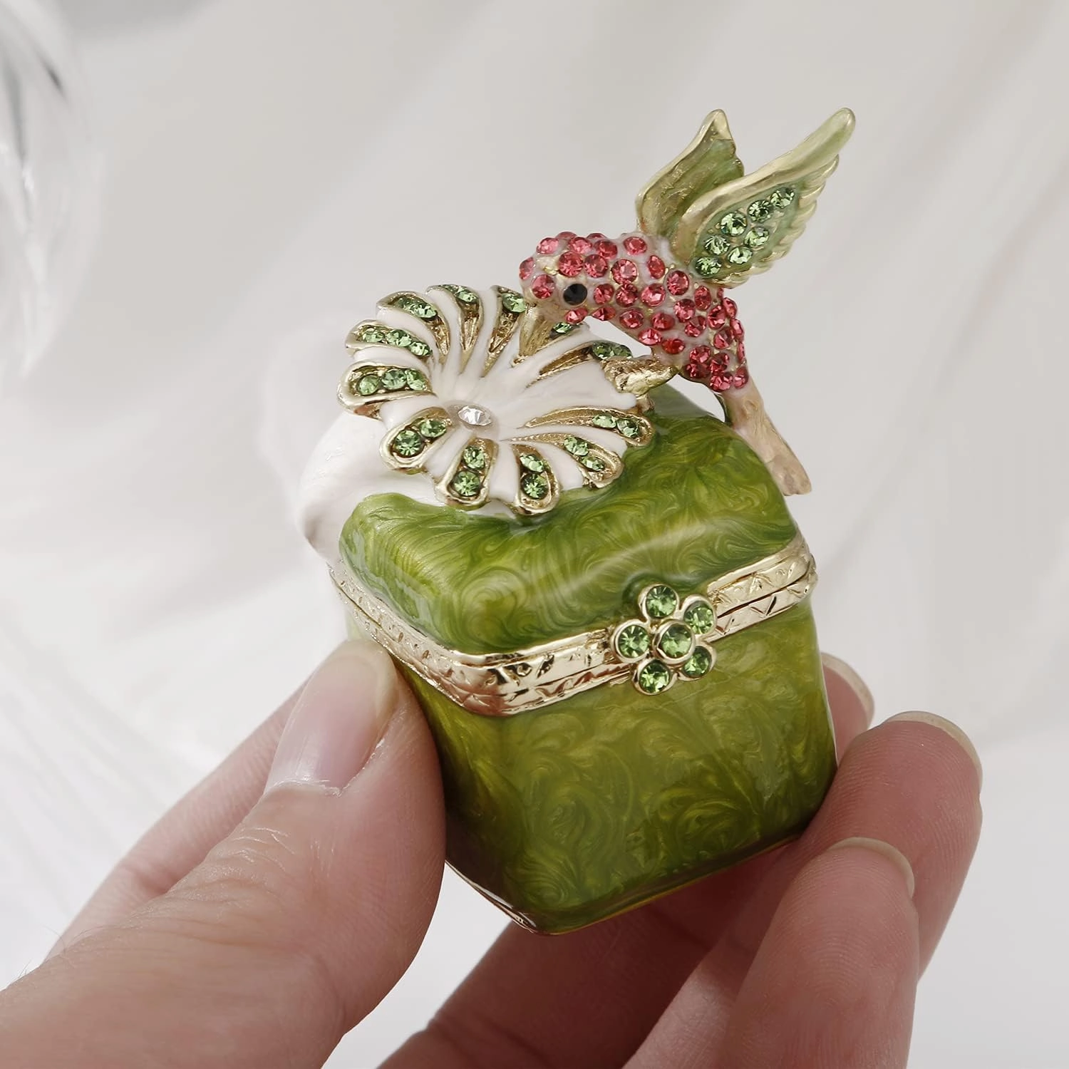 Hand Painted Enamel Hummingbird Trinket Box for Home Decor, Hinged Jewelry Organizer for Ring Earrings, Unique Figurine Keepsake Collectible Personalized Handmade Ornament Gifts (Green Hummingbird-3)