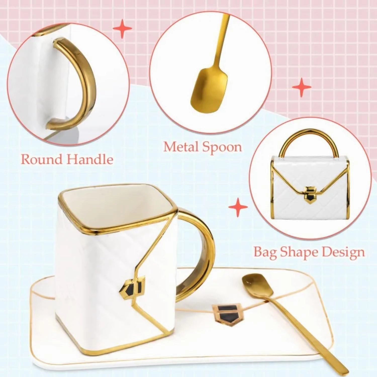 Handbag Shaped Coffee Mug Creative Ceramic Elegant Coffee Cup Set with Spoon and Saucer Unusual Dessert Milk Mugs Drinkware Gift