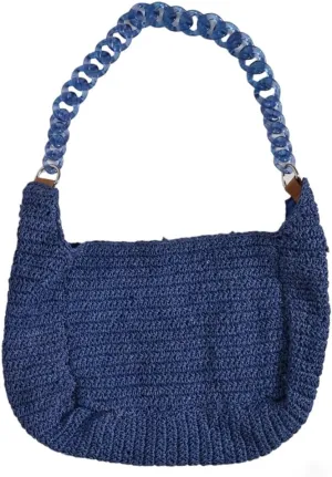 Handcrafted nautical raffia elegance tote bag - Eco-friendly design showcasing everyday style navy colors handbag with resin ring strap