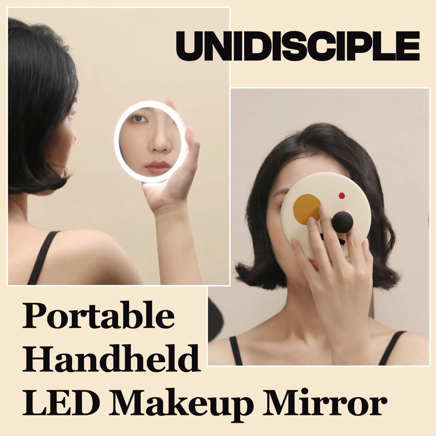 Handheld Rechargeable Travel Makeup Mirror with LED Light, Compact Portable Pocket Lighted Beauty Mirror, Dimmable, Silicone Material (White)
