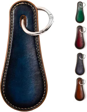 Handmade Italian Leather Shoehorn Keychain, Patina Shoe Horn by Artisans, Steel Core, Stitched, Colors