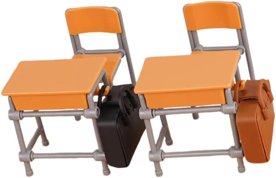 Hemoton Miniature Dollhouse School Desk Chair Set with School Bags - 2 Tables, 2 Chairs, 2 Bags - Perfect for Dollhouse Decor, Mini Supplies, and Collectors