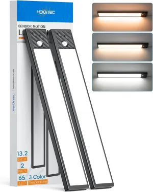 HIBOITEC 65 LED Motion Sensor Lights Indoor, Dimmable Under Cabinet Lighting, 2500mAh Rechargeable Wireless Closet Lights Night Light for Drawers, Stair, Kitchen, 3 Color Temperatures, 13.2 inch