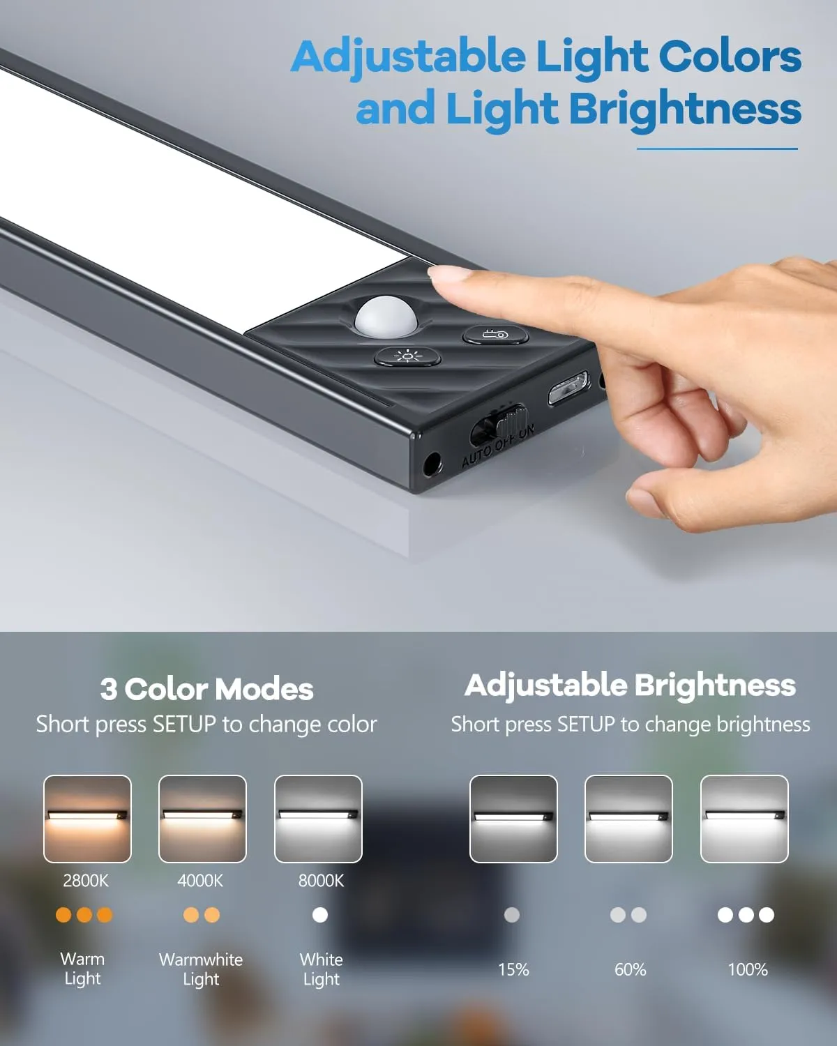 HIBOITEC 65 LED Motion Sensor Lights Indoor, Dimmable Under Cabinet Lighting, 2500mAh Rechargeable Wireless Closet Lights Night Light for Drawers, Stair, Kitchen, 3 Color Temperatures, 13.2 inch