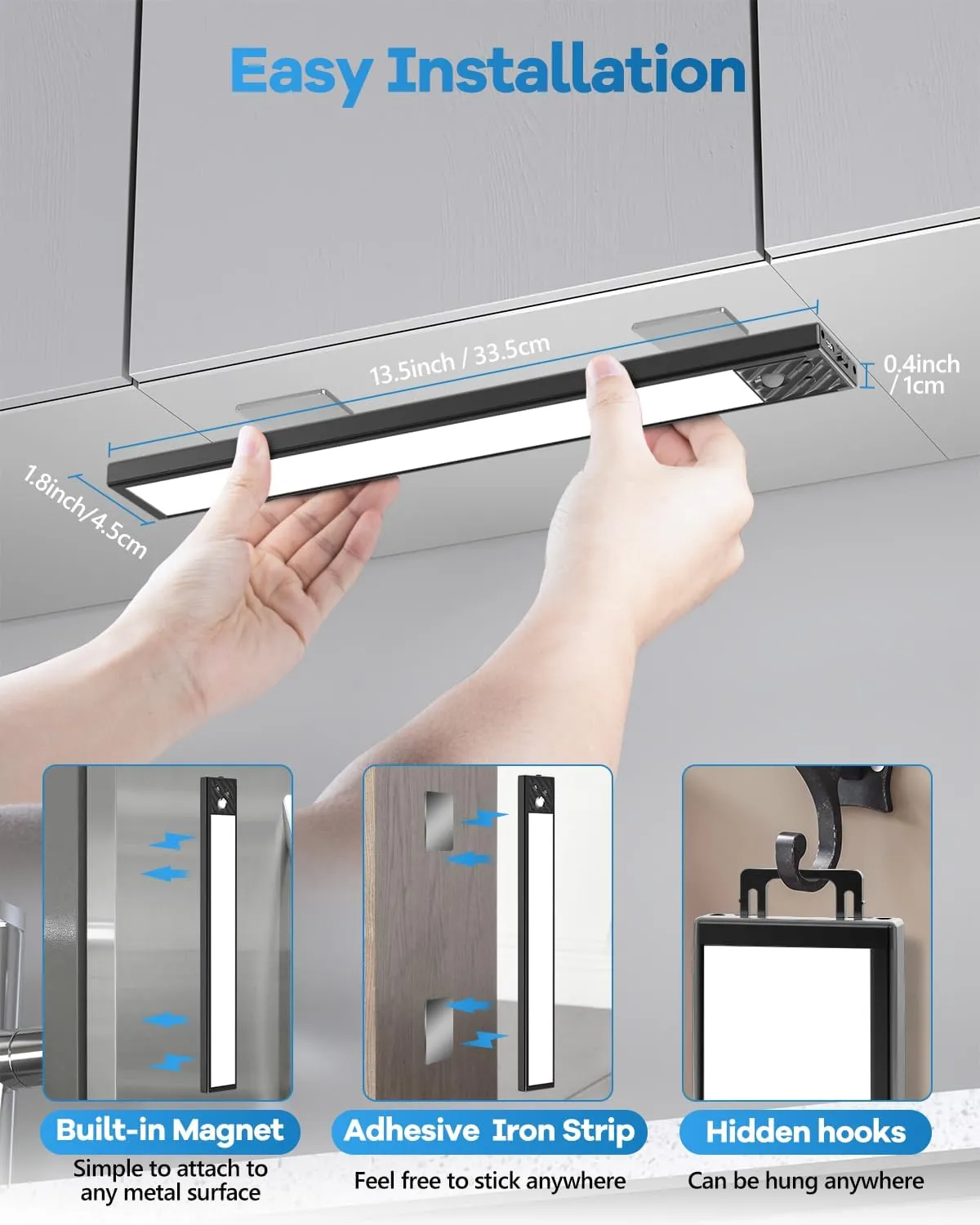 HIBOITEC 65 LED Motion Sensor Lights Indoor, Dimmable Under Cabinet Lighting, 2500mAh Rechargeable Wireless Closet Lights Night Light for Drawers, Stair, Kitchen, 3 Color Temperatures, 13.2 inch