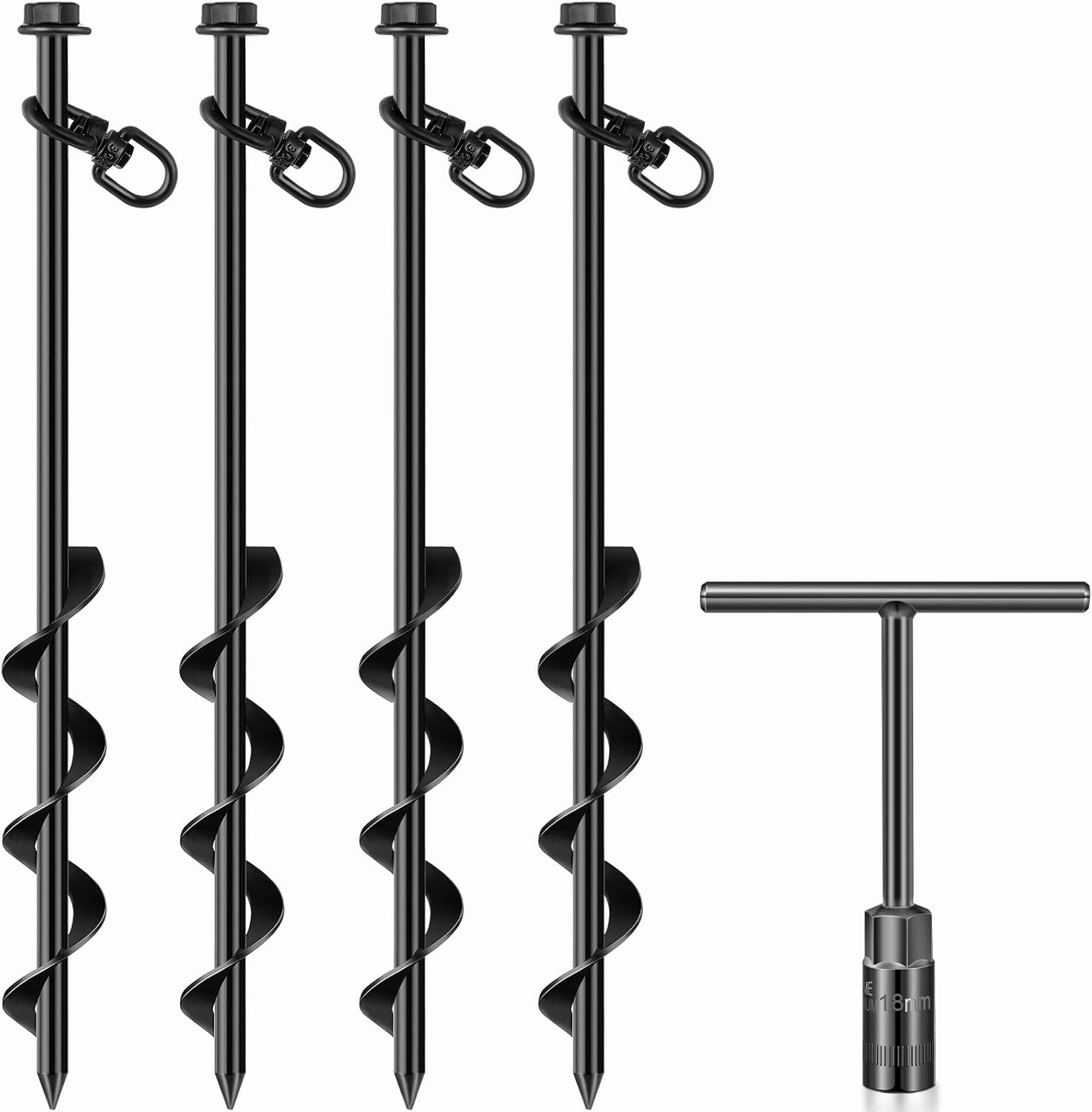 Hiboom Ground Anchor Screw Heavy Duty Earth Anchors Tent Stakes for High Wind with T Handle Hex Wrench Trampoline Hook Ground Stakes for Camping Canopies Car Ports Sheds