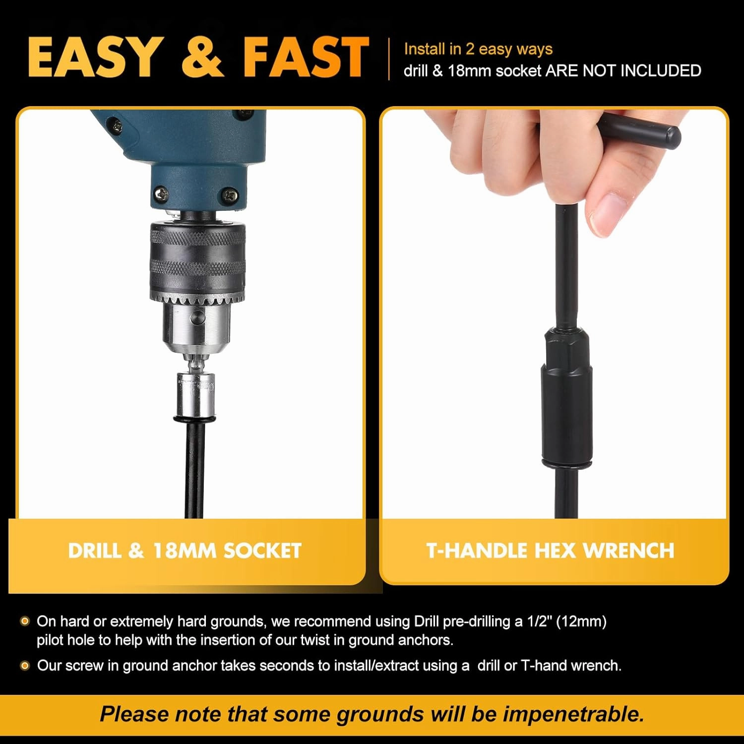 Hiboom Ground Anchor Screw Heavy Duty Earth Anchors Tent Stakes for High Wind with T Handle Hex Wrench Trampoline Hook Ground Stakes for Camping Canopies Car Ports Sheds