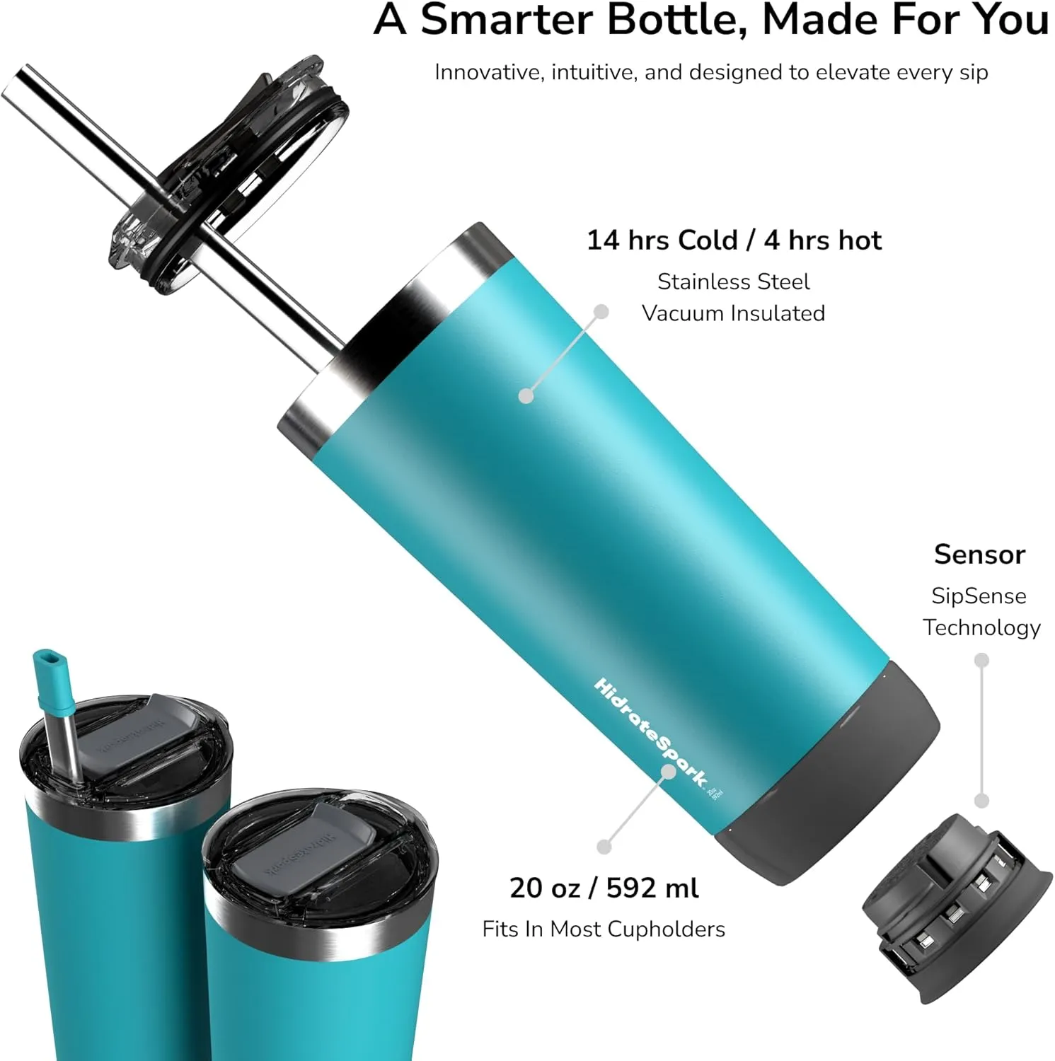 Hidrate Spark PRO Smart Tumbler Bundle – Insulated Stainless Steel – Tracks Water Intake with Bluetooth, LED Glow Reminder When You Need to Drink – 20oz, Sea Glass   3 Straws