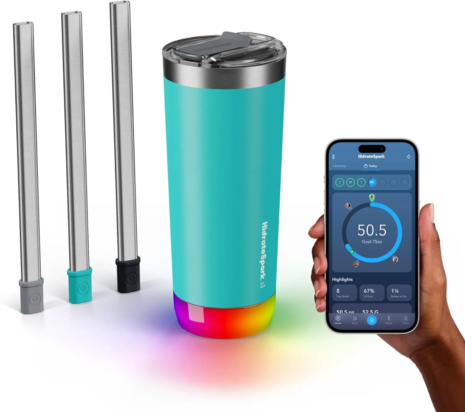 Hidrate Spark PRO Smart Tumbler Bundle – Insulated Stainless Steel – Tracks Water Intake with Bluetooth, LED Glow Reminder When You Need to Drink – 20oz, Sea Glass   3 Straws
