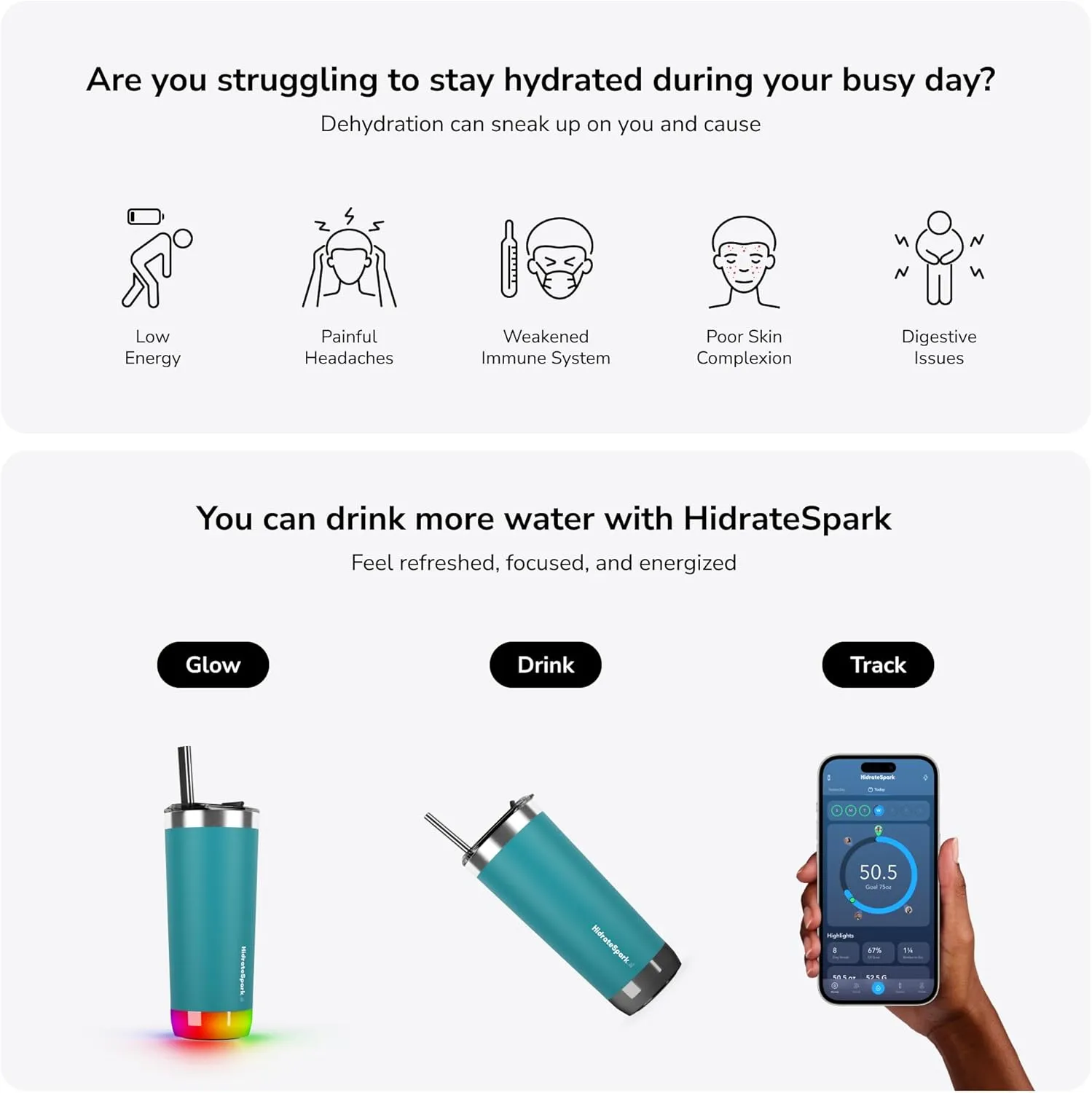 Hidrate Spark PRO Smart Tumbler Bundle – Insulated Stainless Steel – Tracks Water Intake with Bluetooth, LED Glow Reminder When You Need to Drink – 20oz, Sea Glass   3 Straws