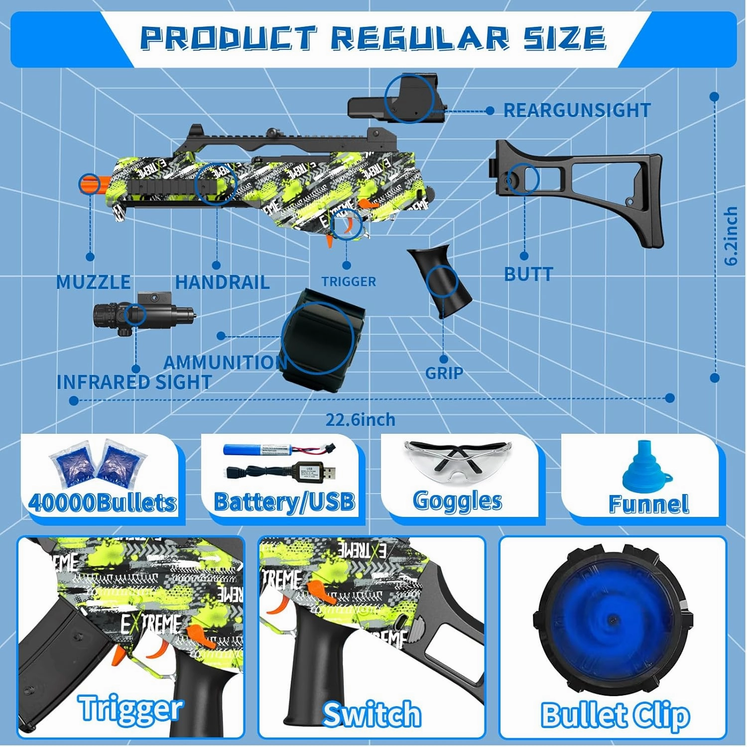 High Speed Automatic Splatter Ball Blaster with 40000  and Goggles, JIFTOK Rechargeable Splatter Ball Toys for Outdoor Activities Shooting Game Party Favors-Green