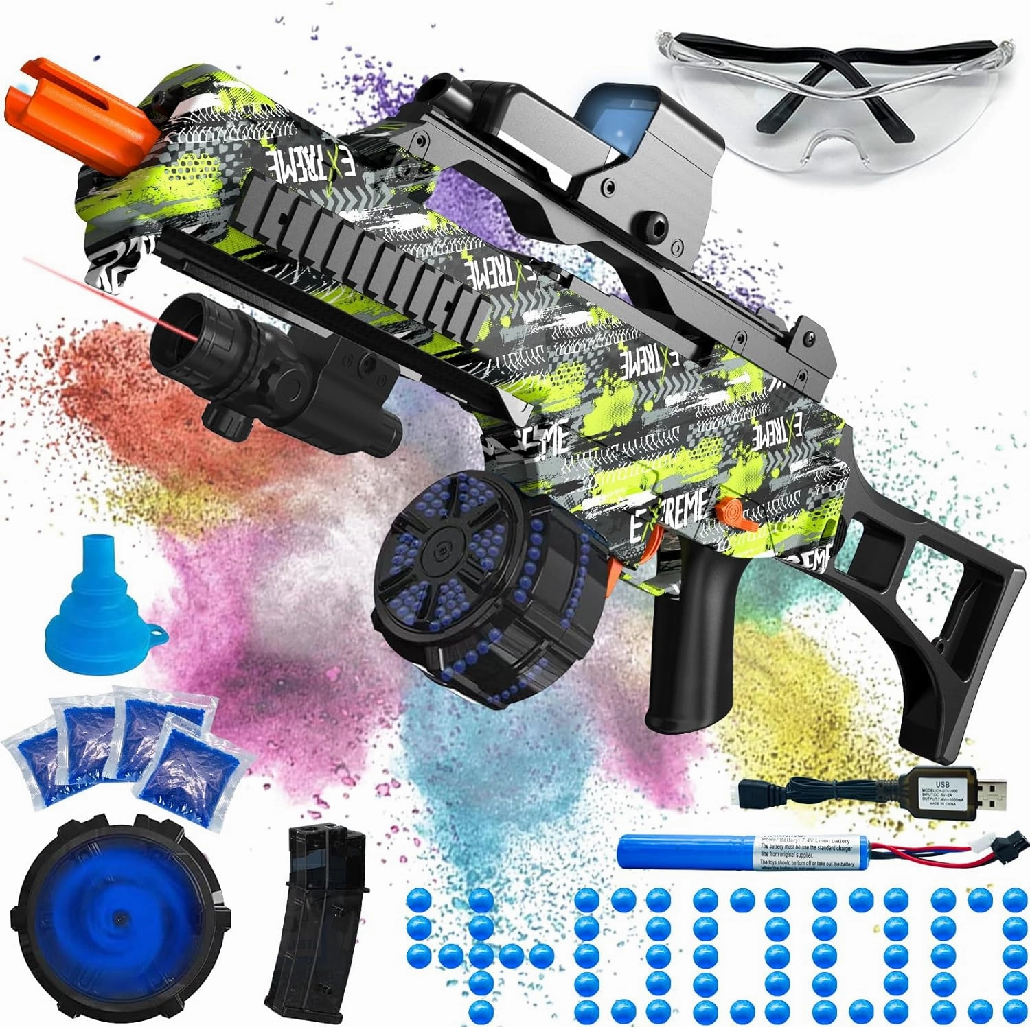 High Speed Automatic Splatter Ball Blaster with 40000  and Goggles, JIFTOK Rechargeable Splatter Ball Toys for Outdoor Activities Shooting Game Party Favors-Green