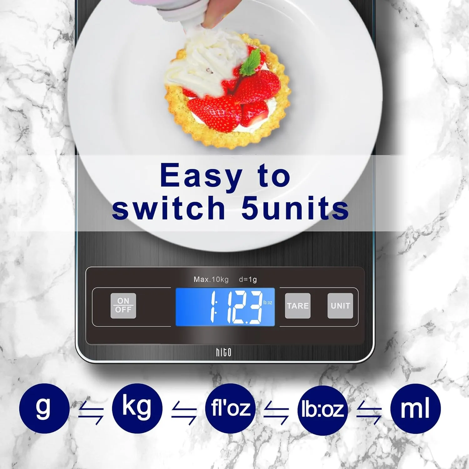 hito Food Scale 33lb Digital Kitchen Scale Rechargeable Waterproof Weight Grams and oz 1g/0.1oz Precise, for Weight Loss, Cooking and Baking, Black