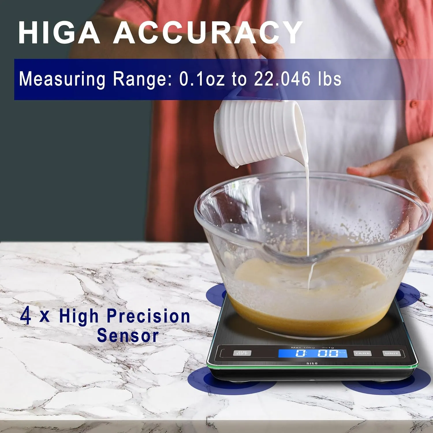 hito Food Scale 33lb Digital Kitchen Scale Rechargeable Waterproof Weight Grams and oz 1g/0.1oz Precise, for Weight Loss, Cooking and Baking, Black