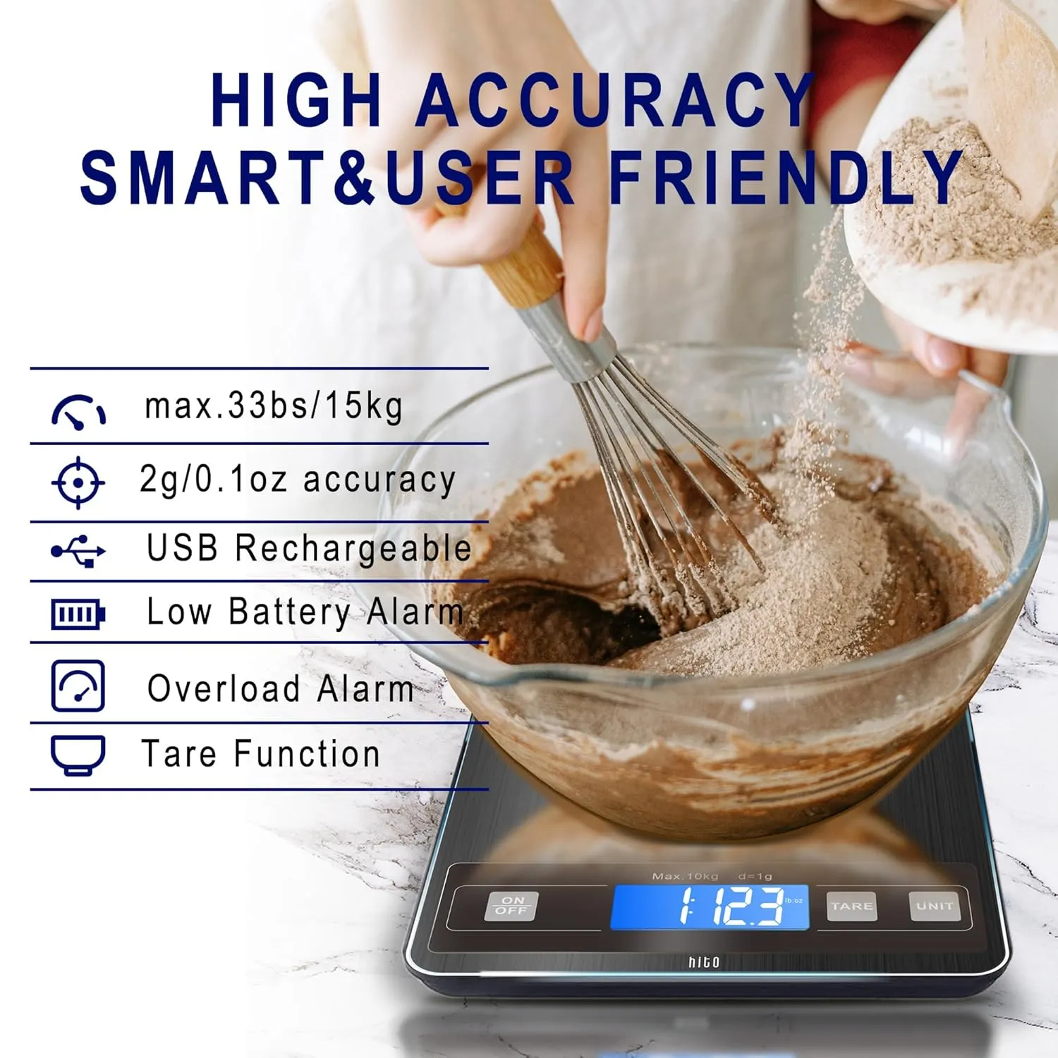 hito Food Scale 33lb Digital Kitchen Scale Rechargeable Waterproof Weight Grams and oz 1g/0.1oz Precise, for Weight Loss, Cooking and Baking, Black