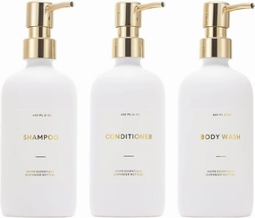 HOMCDALY Shampoo and Conditioner Dispenser, 21oz 3-Pack Refillable Pump Bottles, Shampoo Container, Empty Pump Bottle, Bathroom Shower Dispenser（21oz-White&Gold）