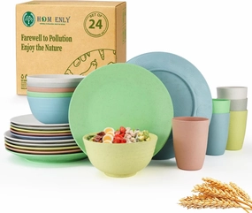 Homienly 24 PCS Wheat Straw Dinnerware Sets, Service for 6, Microwavable Plates and Bowls Sets, Cups Sets, Lightweight & Unbreakable Dishes Set for Camping, Party - Macaron Series