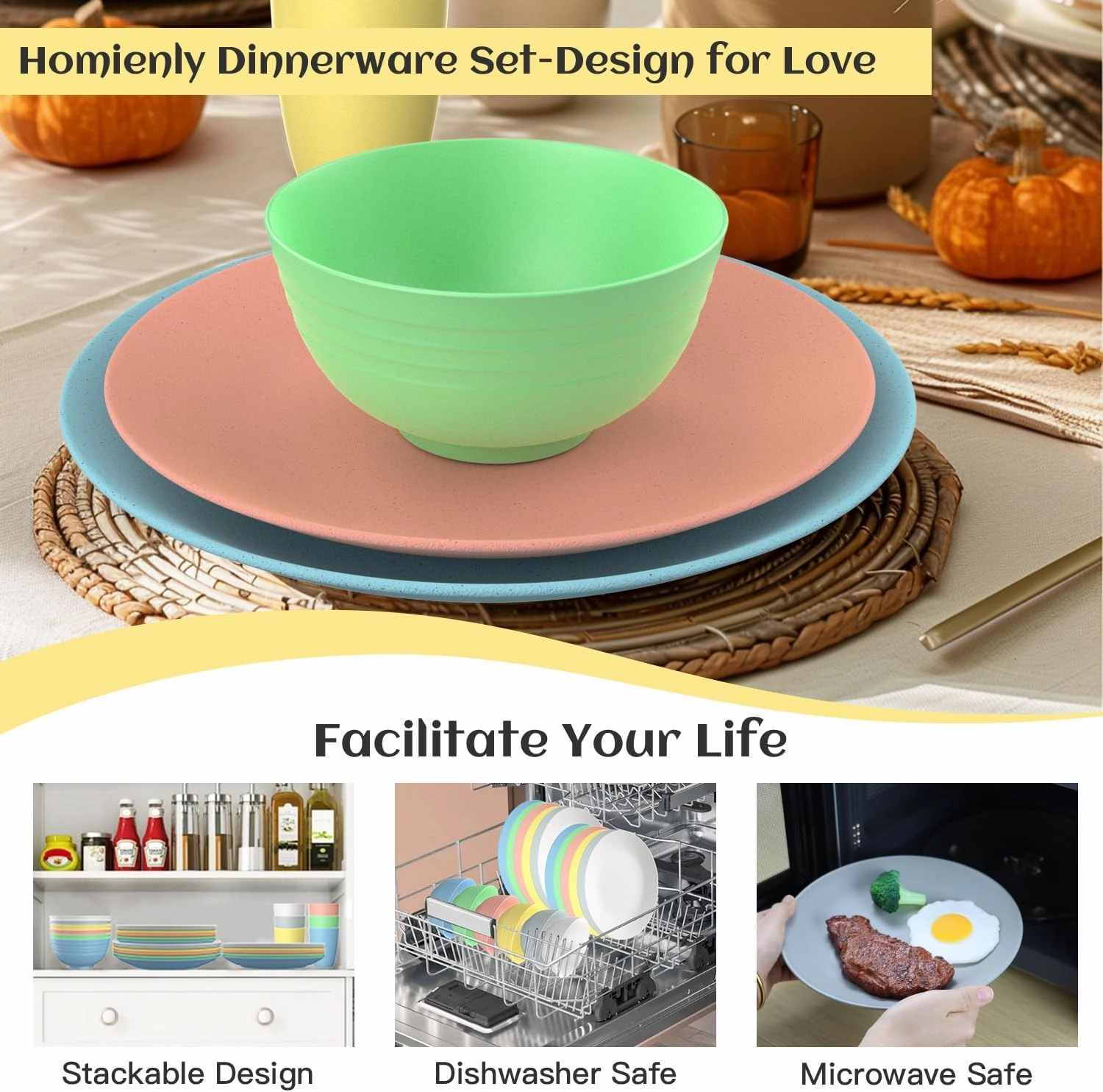 Homienly 24 PCS Wheat Straw Dinnerware Sets, Service for 6, Microwavable Plates and Bowls Sets, Cups Sets, Lightweight & Unbreakable Dishes Set for Camping, Party - Macaron Series