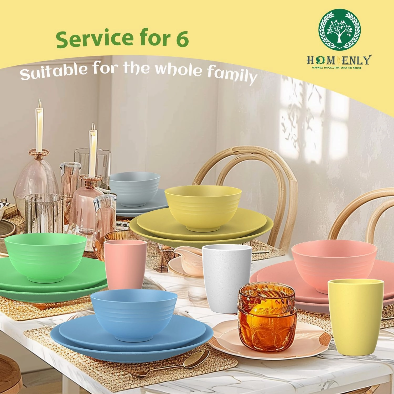 Homienly 24 PCS Wheat Straw Dinnerware Sets, Service for 6, Microwavable Plates and Bowls Sets, Cups Sets, Lightweight & Unbreakable Dishes Set for Camping, Party - Macaron Series