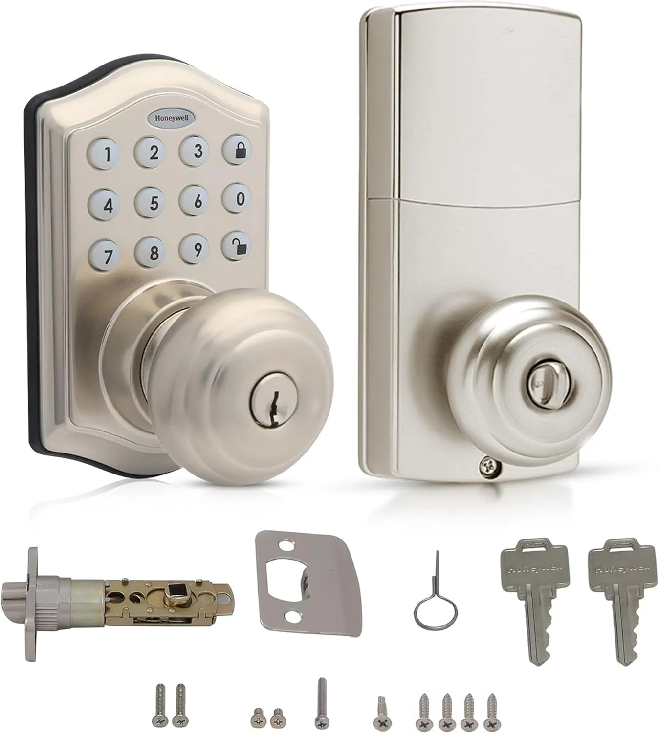 Honeywell Safes & Door Locks - Keyless Entry Smart Electronic Door Knob Lock with Digital Keypad - Auto Lock - 50 Different User Pin Codes - 1 Touch Locking - Satin Nickel - 6.5x8.8x9 inches - 8732301