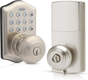 Honeywell Safes & Door Locks - Keyless Entry Smart Electronic Door Knob Lock with Digital Keypad - Auto Lock - 50 Different User Pin Codes - 1 Touch Locking - Satin Nickel - 6.5x8.8x9 inches - 8732301