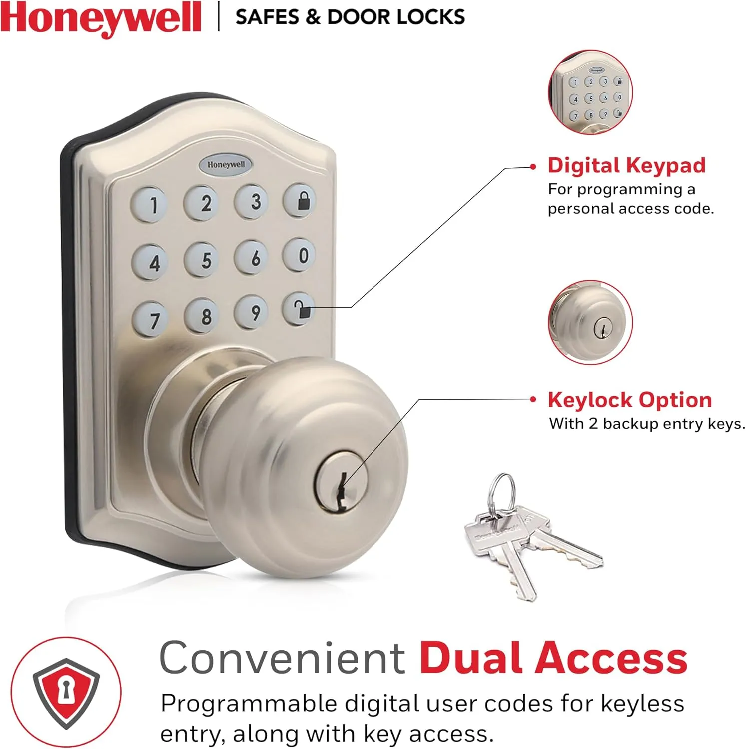 Honeywell Safes & Door Locks - Keyless Entry Smart Electronic Door Knob Lock with Digital Keypad - Auto Lock - 50 Different User Pin Codes - 1 Touch Locking - Satin Nickel - 6.5x8.8x9 inches - 8732301