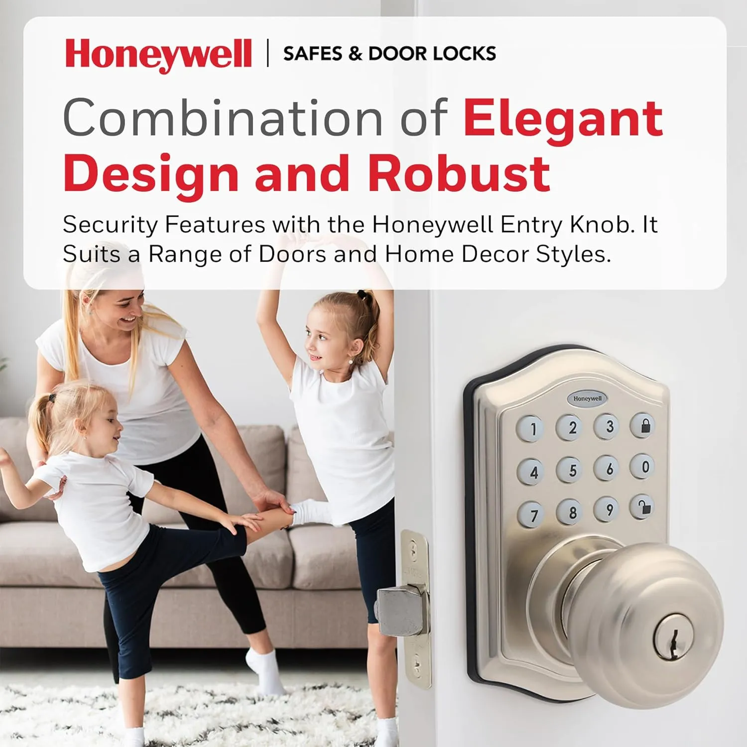 Honeywell Safes & Door Locks - Keyless Entry Smart Electronic Door Knob Lock with Digital Keypad - Auto Lock - 50 Different User Pin Codes - 1 Touch Locking - Satin Nickel - 6.5x8.8x9 inches - 8732301