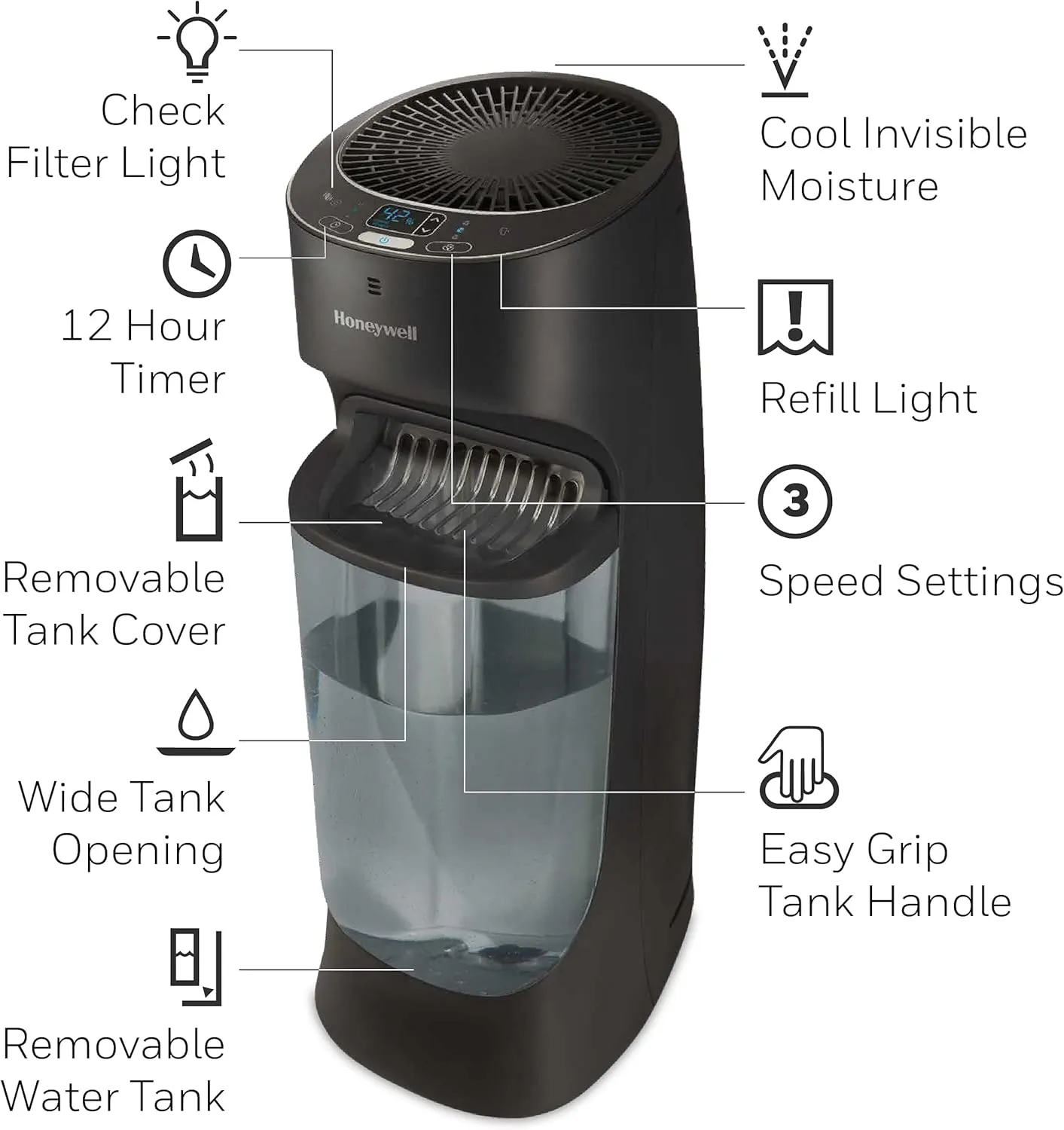 Honeywell Top Fill Tower Humidifier, Digital Humidistat, Black – Cool Mist Humidifier for Bedroom, Home or Office with Space Saving Tower Design