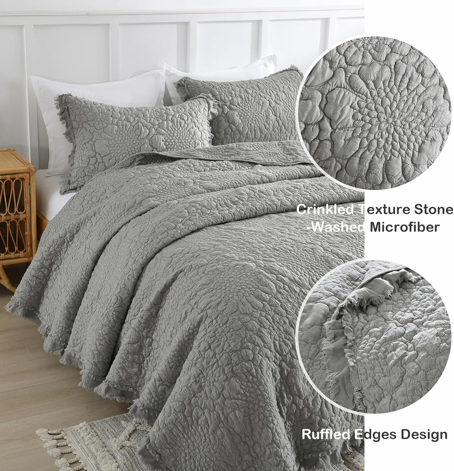 HORIMOTE HOME Dark Grey Ruffled Quilt King Size, Stone-Washed Microfiber Lightweight Crinkled Farmhouse Rustic Shabby Chic Bedding Set, 3 Pieces Reversible Bedspread with Pillow Shams for All Season