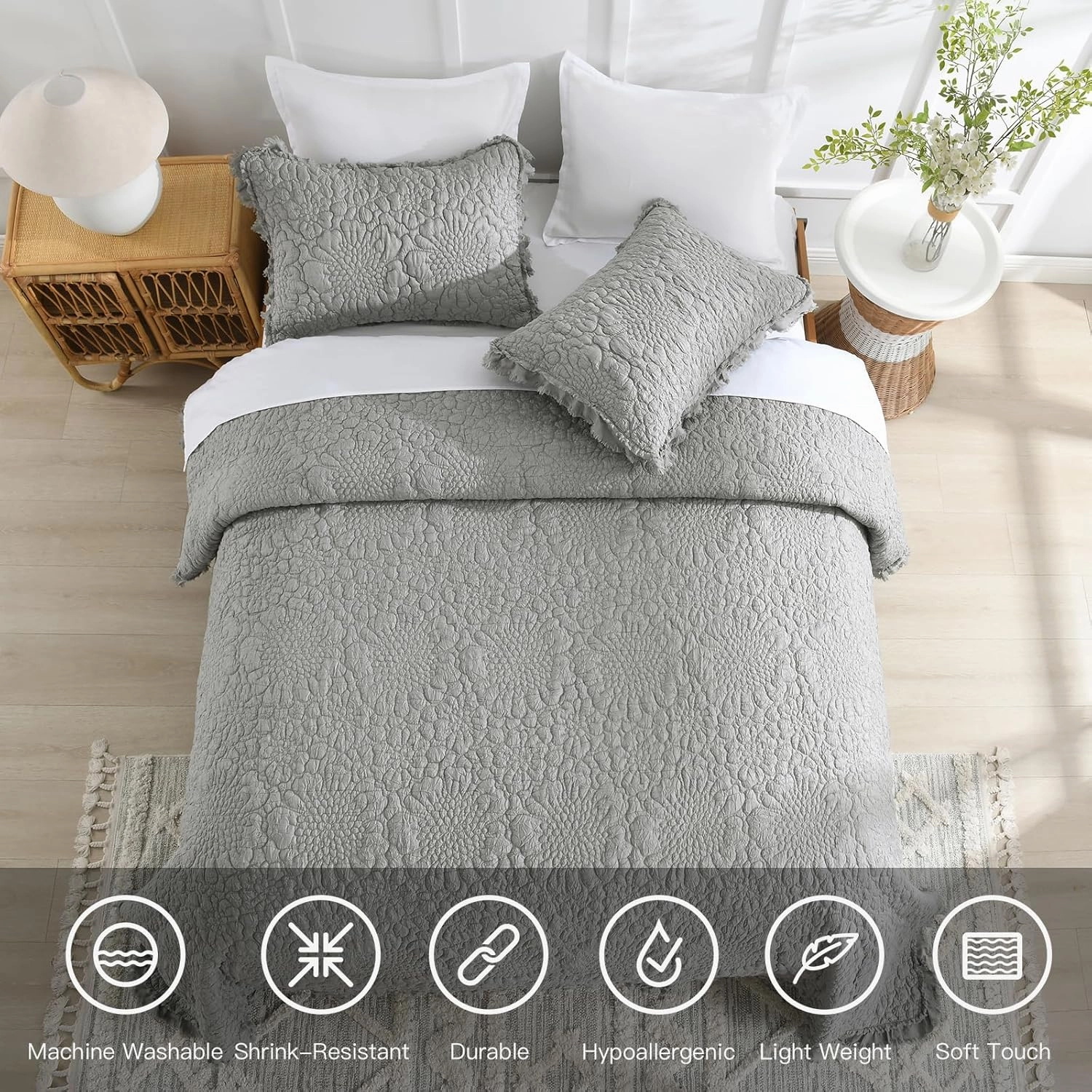 HORIMOTE HOME Dark Grey Ruffled Quilt King Size, Stone-Washed Microfiber Lightweight Crinkled Farmhouse Rustic Shabby Chic Bedding Set, 3 Pieces Reversible Bedspread with Pillow Shams for All Season