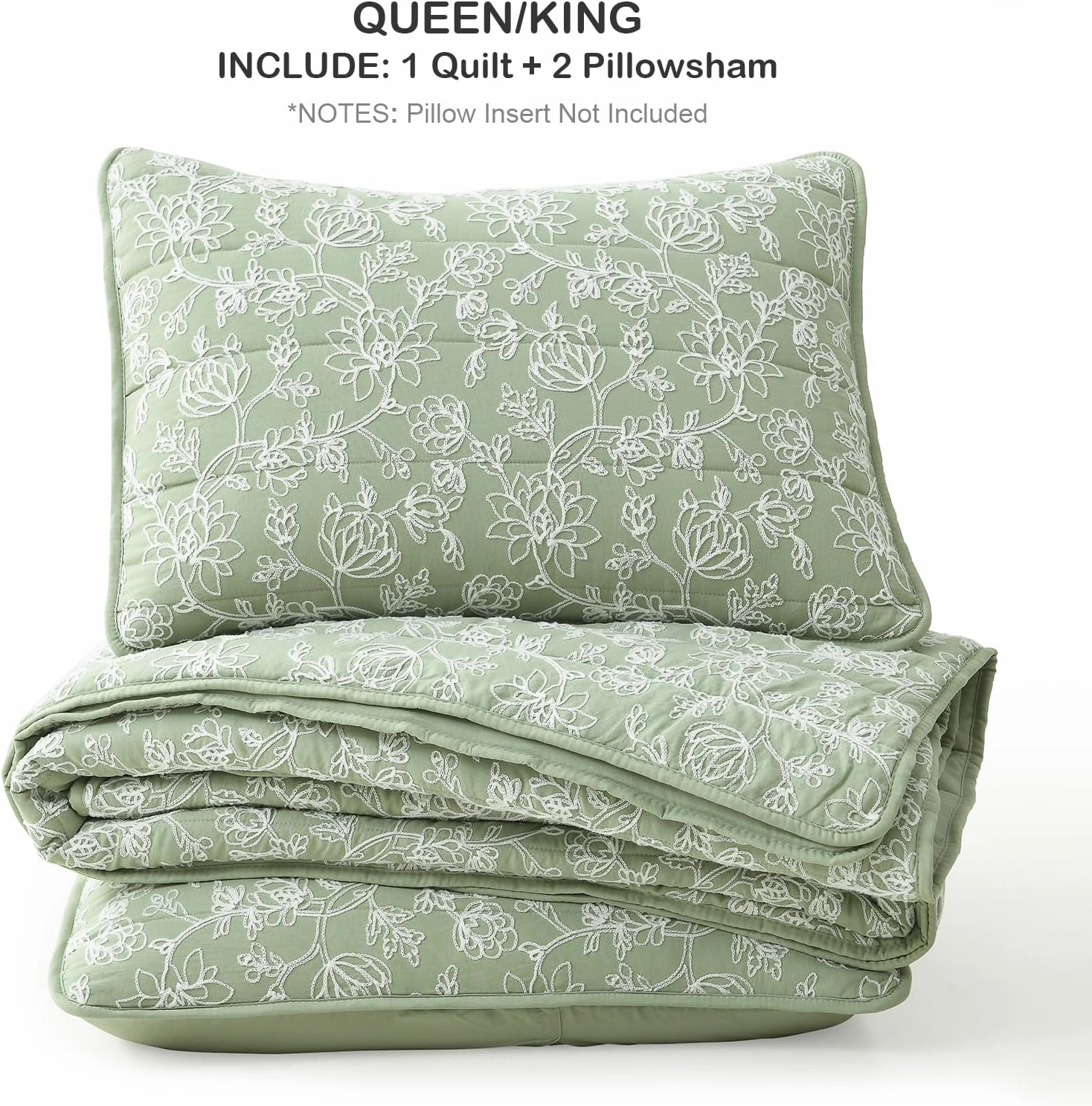 HORIMOTE HOME Floral Embroidery Quilt King Size, Sage Green King Quilt Bedding Set Soft Lightweight Bedspread 3 Pieces Shabby Chic Farmhouse King Size Comforter Set for All Seasons