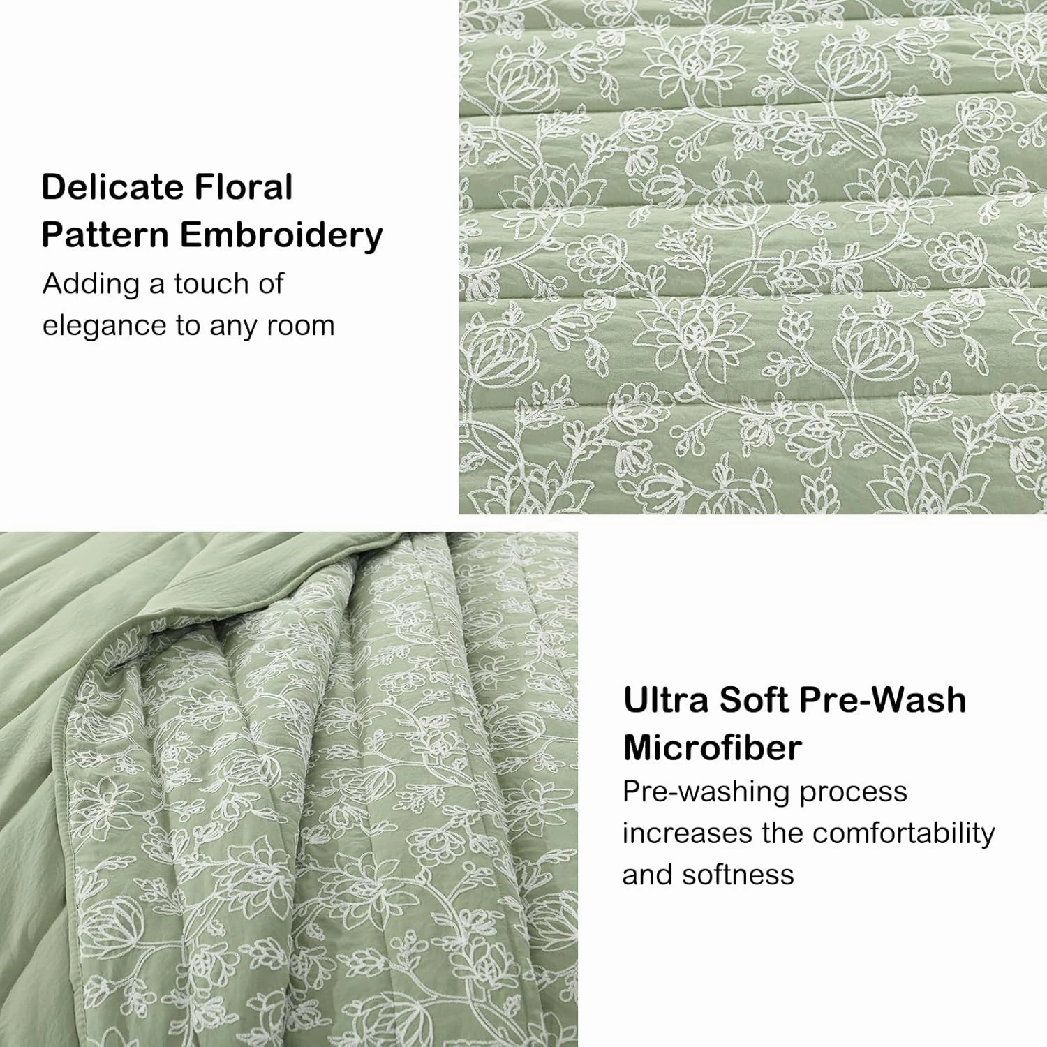 HORIMOTE HOME Floral Embroidery Quilt King Size, Sage Green King Quilt Bedding Set Soft Lightweight Bedspread 3 Pieces Shabby Chic Farmhouse King Size Comforter Set for All Seasons