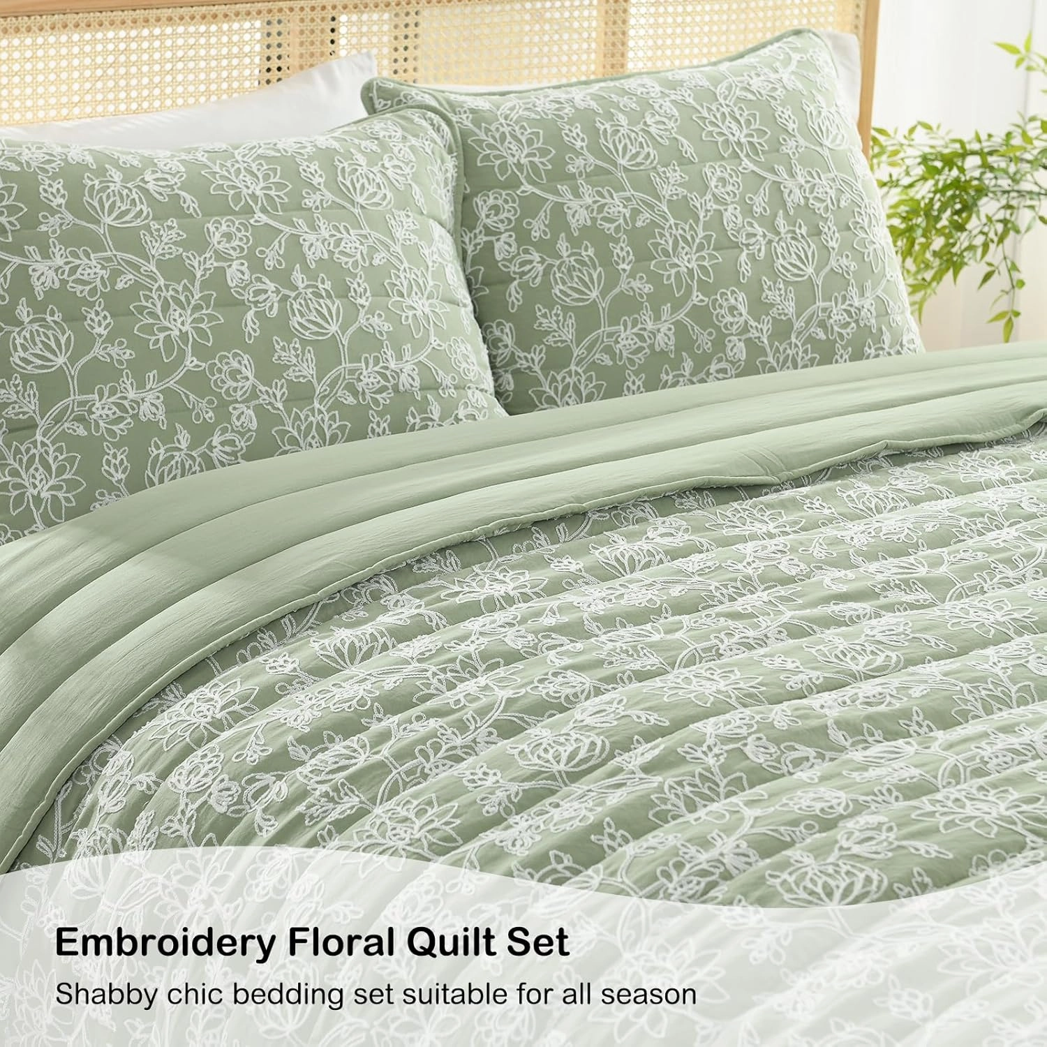 HORIMOTE HOME Floral Embroidery Quilt King Size, Sage Green King Quilt Bedding Set Soft Lightweight Bedspread 3 Pieces Shabby Chic Farmhouse King Size Comforter Set for All Seasons