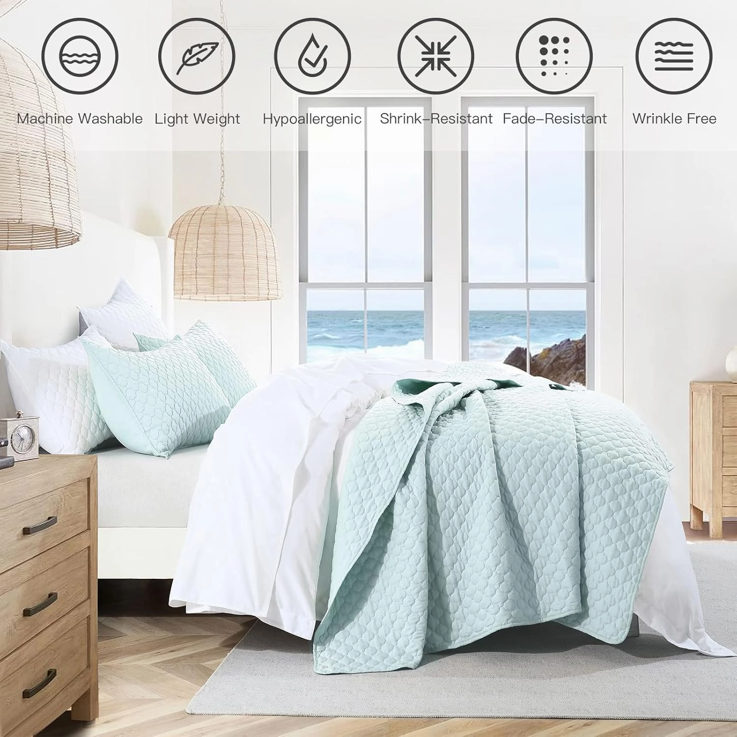 HORIMOTE HOME Quilt Queen Size Aqua Blue, Lightweight Quilt for Summer Ultra-Soft Microfiber Modern Style Quilted Clouds Pattern Bedspread Quit Set 3 Pieces(1 Quilt and 2 Pillow Shams)