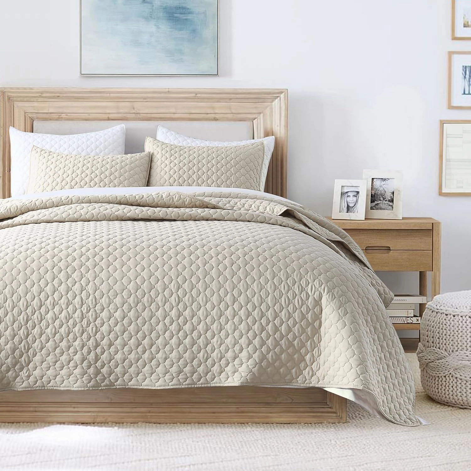HORIMOTE HOME Quilt Set Queen Size Beige Bedspread, Modern Style Quilted Clouds Pattern Soft Coverlet Set Lightweight Microfiber for All Season, 3 Pieces Includes 1 Quilt and 2 Pillow Sham