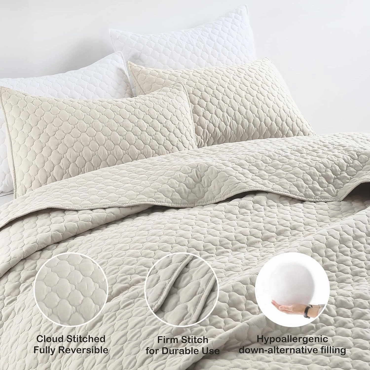 HORIMOTE HOME Quilt Set Queen Size Beige Bedspread, Modern Style Quilted Clouds Pattern Soft Coverlet Set Lightweight Microfiber for All Season, 3 Pieces Includes 1 Quilt and 2 Pillow Sham