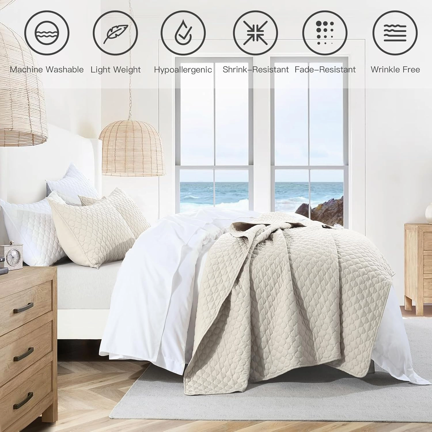 HORIMOTE HOME Quilt Set Queen Size Beige Bedspread, Modern Style Quilted Clouds Pattern Soft Coverlet Set Lightweight Microfiber for All Season, 3 Pieces Includes 1 Quilt and 2 Pillow Sham