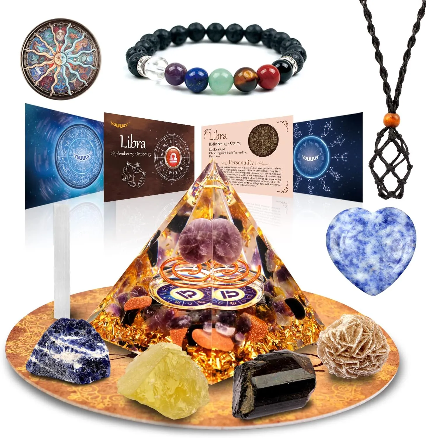 Horoscope Orgone Pyramid ， Healing Crystal Gift Set ，Zodiac Sign Stones to Companion Birthstone, for Astrology ，Reiki，Energy Generator, Meditation (Libra)
