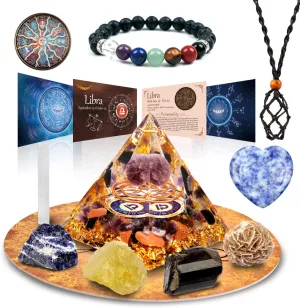 Horoscope Orgone Pyramid ， Healing Crystal Gift Set ，Zodiac Sign Stones to Companion Birthstone, for Astrology ，Reiki，Energy Generator, Meditation (Libra)