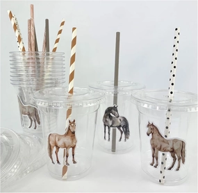 Horse Party Cups with Lids and Straws, 12 oz, Set of 12, Disposable Clear Plastic Cups with Equestrian Design