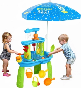 Hugut 2025 Upgraded 3-Tier Sand Water Table with Umbrella – Outdoor Backyard Sensory Activity Table for Kids, Perfect for Boys and Girls Summer Fun