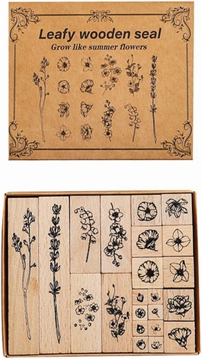 Huralona Wooden Rubber Stamps Set Vintage Decorative Mounted Rubber Stamp Plant Flower Animal Pattern DIY Wood Rubber Stamp for Journaling Craft Scrapbooking Diary (Branches & Leaves)