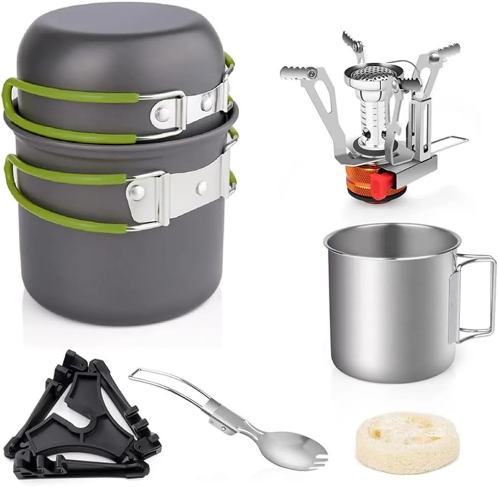 HXBER Camping Cookware Set with Folding Camping Stove Lightweight Pot Pan Set with Stainless Steel Cup & Fork Spoon for Outdoors Cooking Camping Hiking Picnic Backpacking