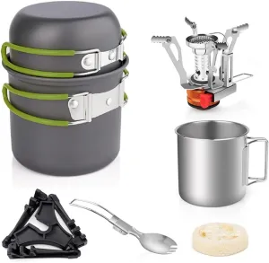 HXBER Camping Cookware Set with Folding Camping Stove Lightweight Pot Pan Set with Stainless Steel Cup & Fork Spoon for Outdoors Cooking Camping Hiking Picnic Backpacking
