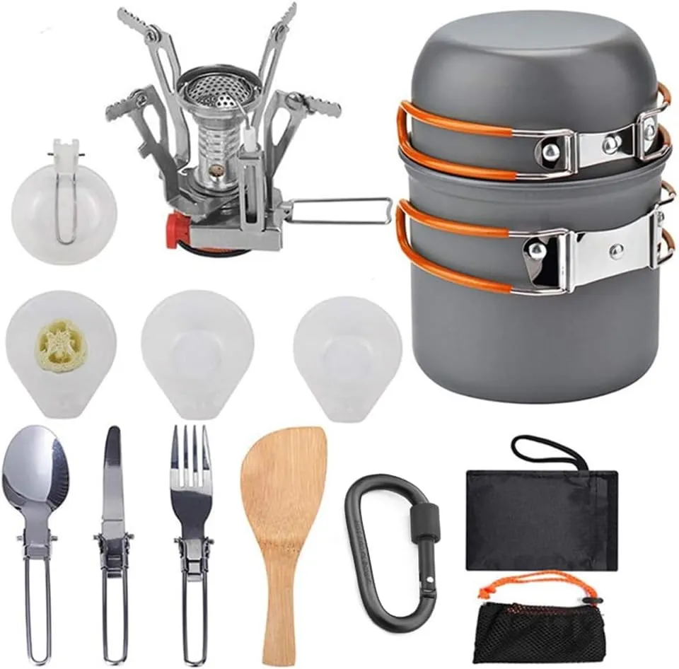HXBER Camping Hiking Cookware Set Outdoor Portable Picnic Cookware Kit Alumina Pot Set Travel Cooking Accessory