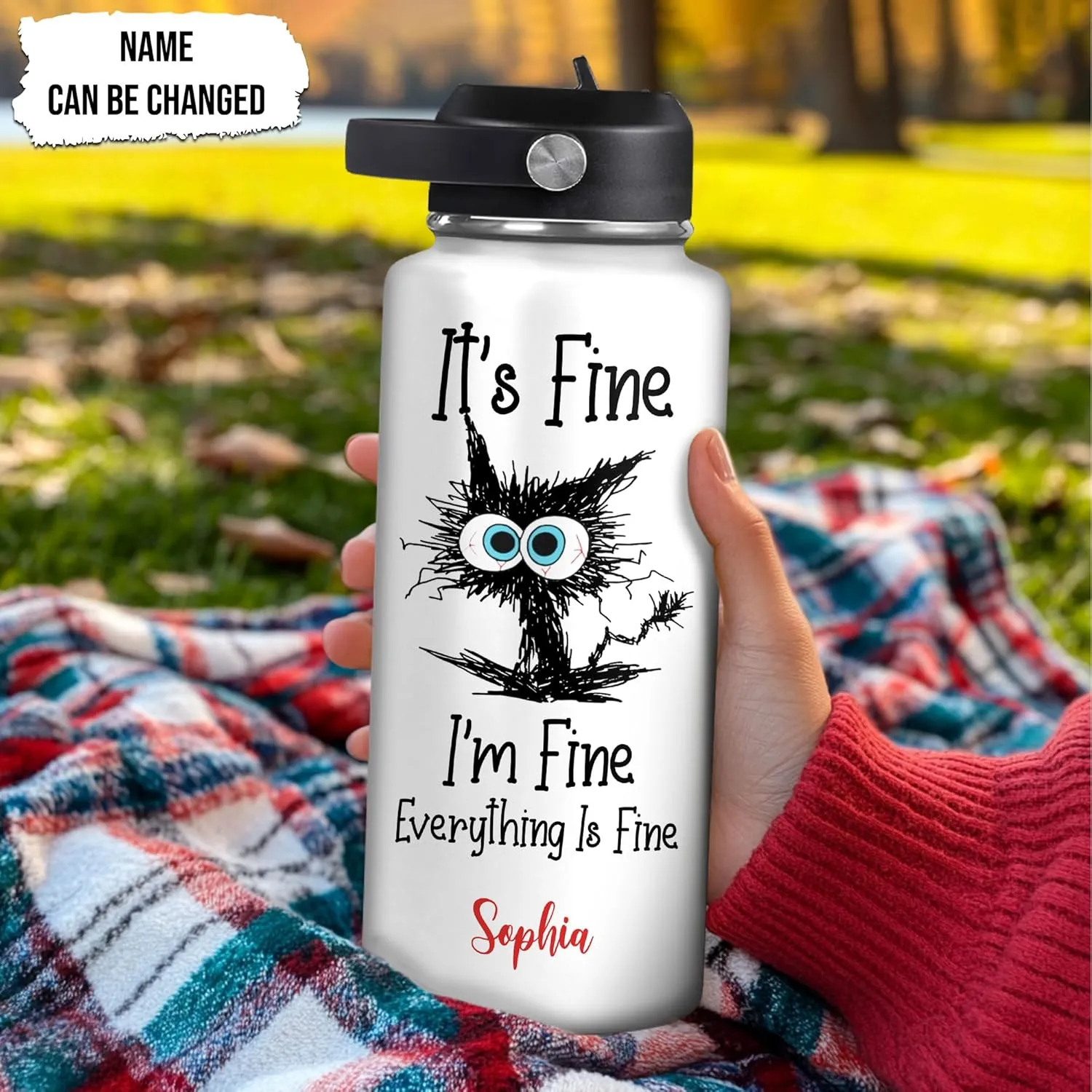 Hyturtle Personalized Black Cat Steel Bottle Gift for Women, Girls, Pet Lover - Animal Lovers Gifts For Cat Lover - Stainless Steel Bottle 18oz 32oz With Custom Name - Insulated Travel Water Bottle