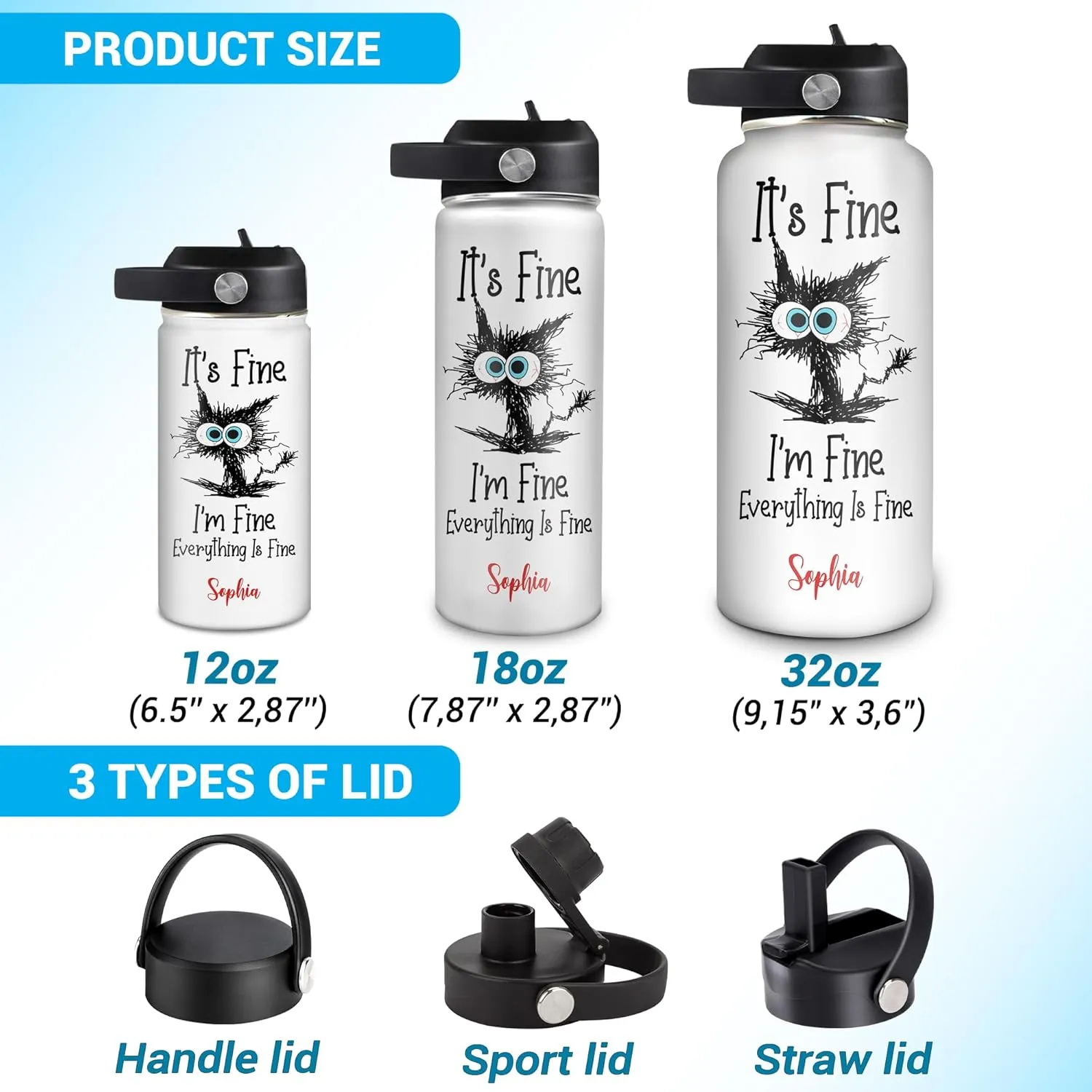 Hyturtle Personalized Black Cat Steel Bottle Gift for Women, Girls, Pet Lover - Animal Lovers Gifts For Cat Lover - Stainless Steel Bottle 18oz 32oz With Custom Name - Insulated Travel Water Bottle