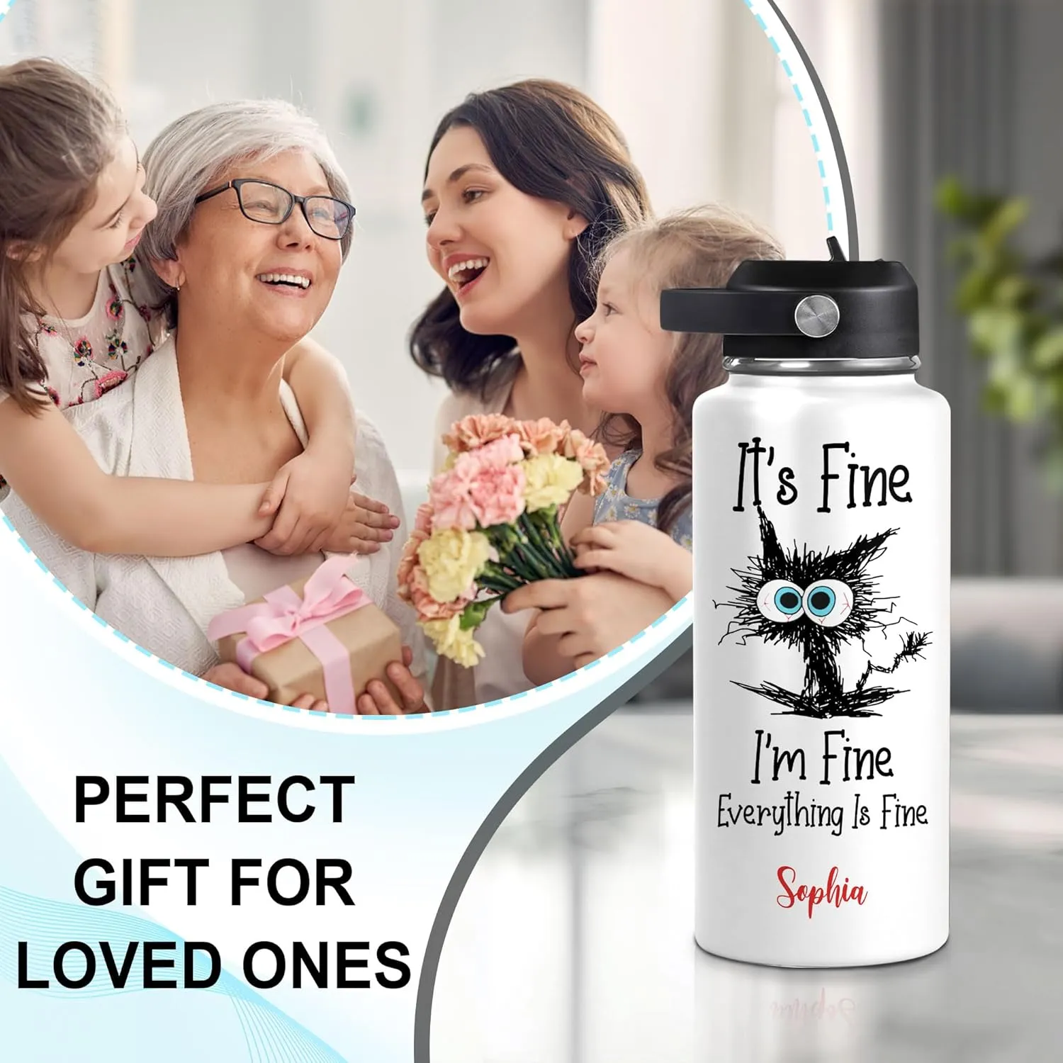 Hyturtle Personalized Black Cat Steel Bottle Gift for Women, Girls, Pet Lover - Animal Lovers Gifts For Cat Lover - Stainless Steel Bottle 18oz 32oz With Custom Name - Insulated Travel Water Bottle
